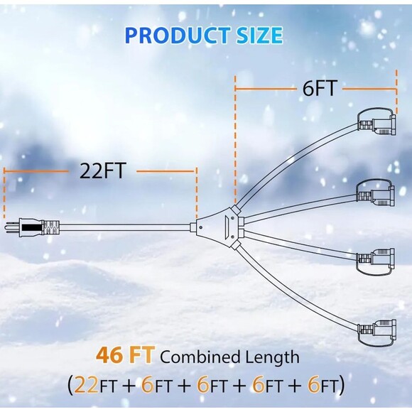 Extension Cord 46ft with 1 to 4 Splitter, Black, IP65 Waterproof Heavy Duty - Picture 4 of 8